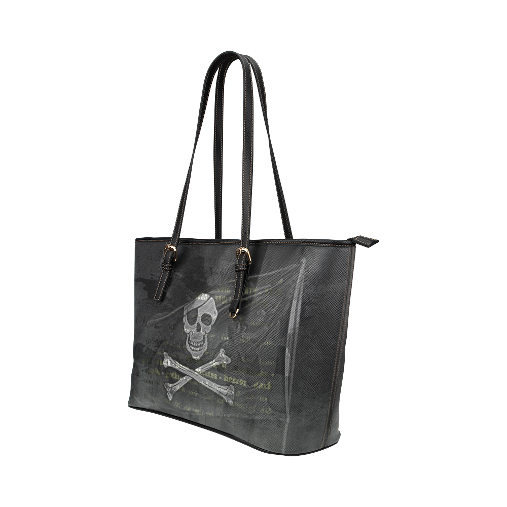 Vintage Skull Pirates Flag Leather Tote Bag/Large (Model 1651)