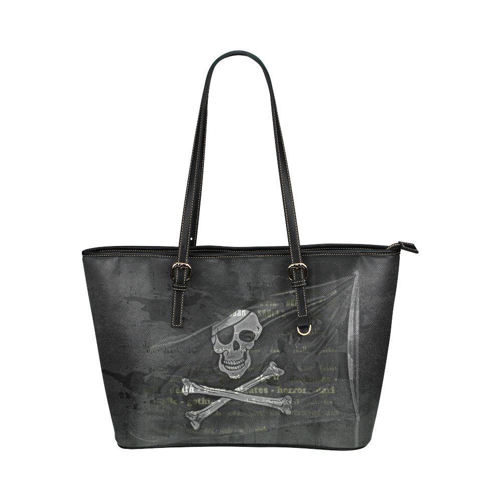 Vintage Skull Pirates Flag Leather Tote Bag/Small (Model 1651)