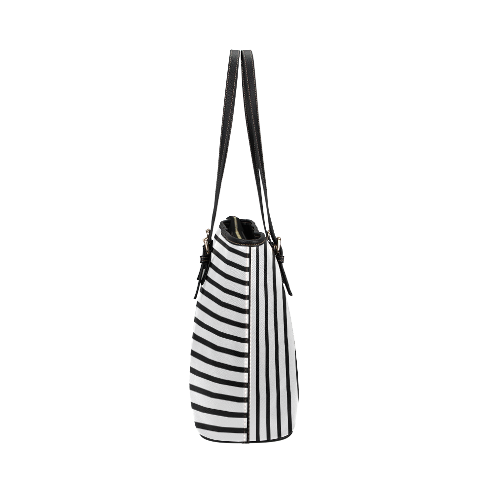Narrow Black Flat Stripes Pattern Leather Tote Bag/Large (Model 1651)