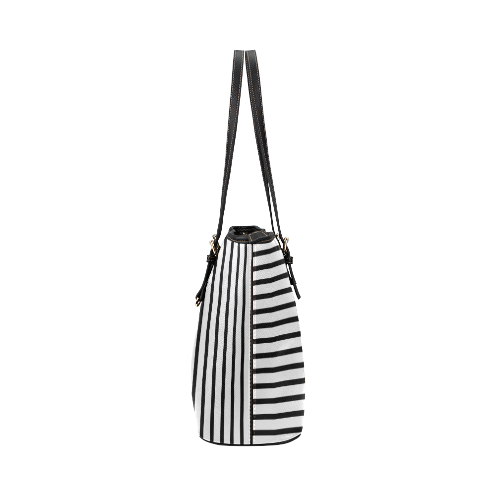 Narrow Black Flat Stripes Pattern Leather Tote Bag/Large (Model 1651)