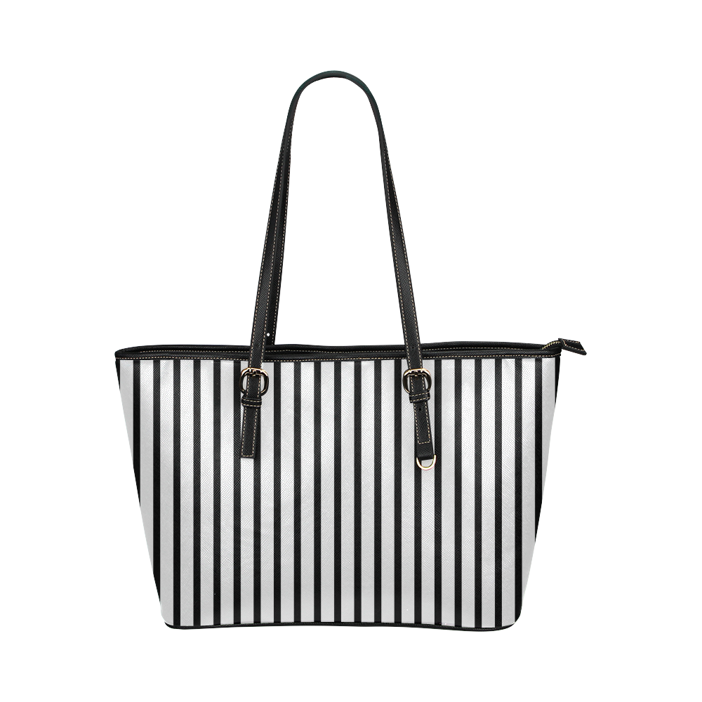 Narrow Black Flat Stripes Pattern Leather Tote Bag/Large (Model 1651)