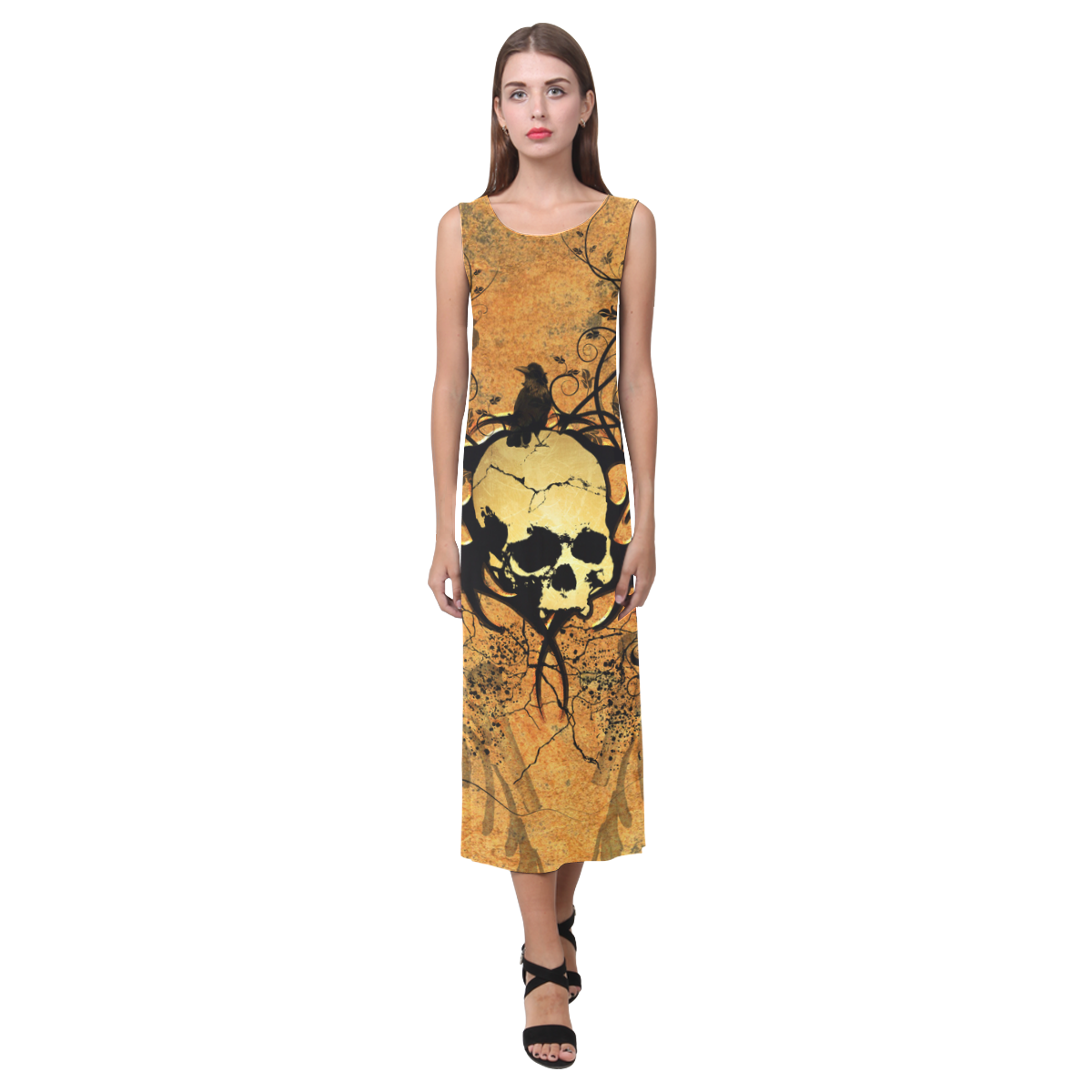 Awesome skull with tribal Phaedra Sleeveless Open Fork Long Dress (Model D08)