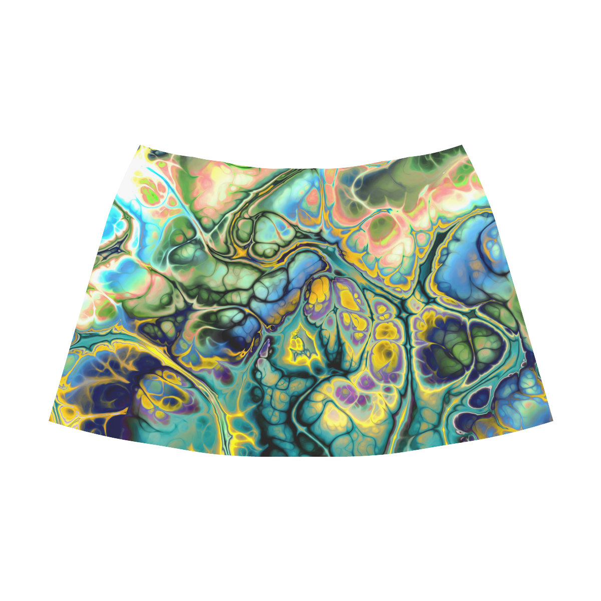 Flower Power Fractal Batik Teal Yellow Blue Salmon Mnemosyne Women's Crepe Skirt (Model D16)