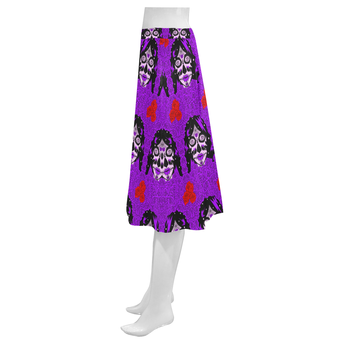 purple roses sugar skull Mnemosyne Women's Crepe Skirt (Model D16)
