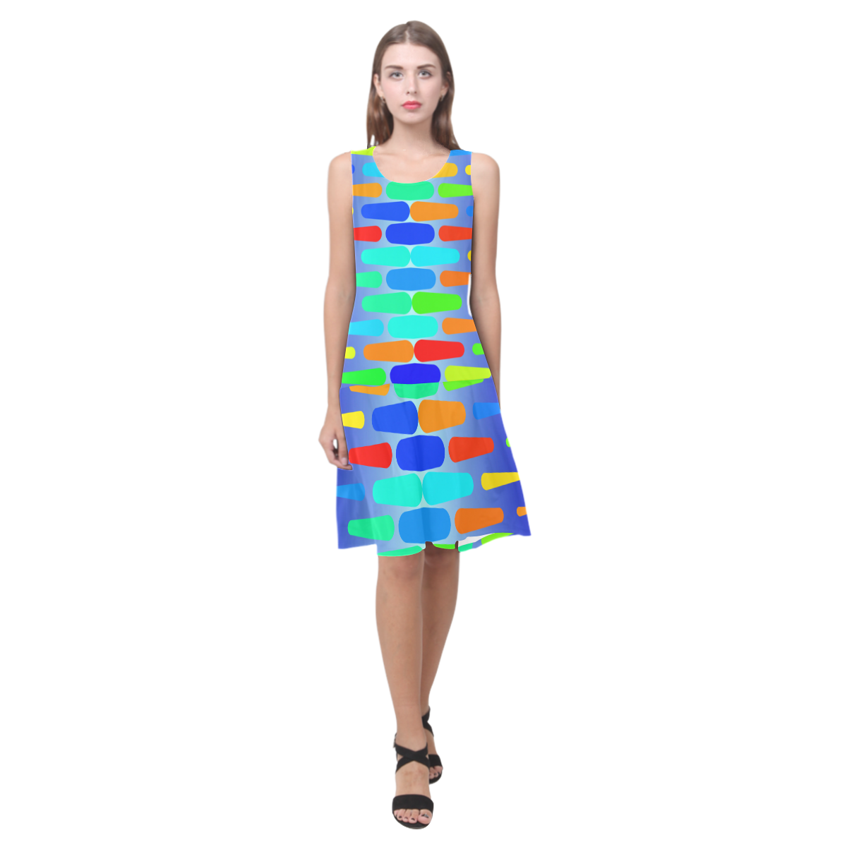 Colorful shapes on a blue background Sleeveless Splicing Shift Dress(Model D17)