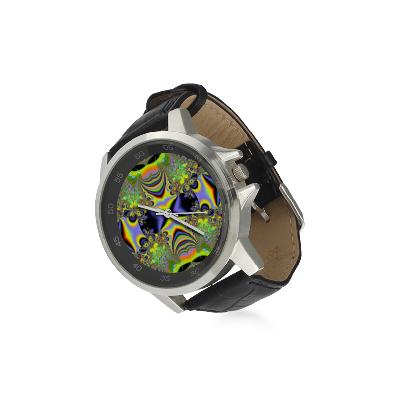 Rainbow Butterfly Bouquets Fractal Unisex Stainless Steel Leather Strap Watch(Model 202)