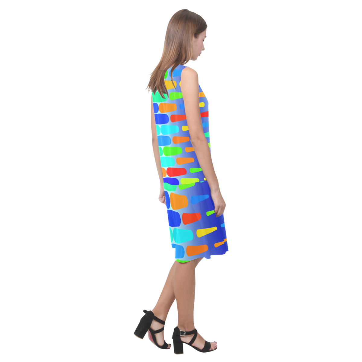 Colorful shapes on a blue background Sleeveless Splicing Shift Dress(Model D17)