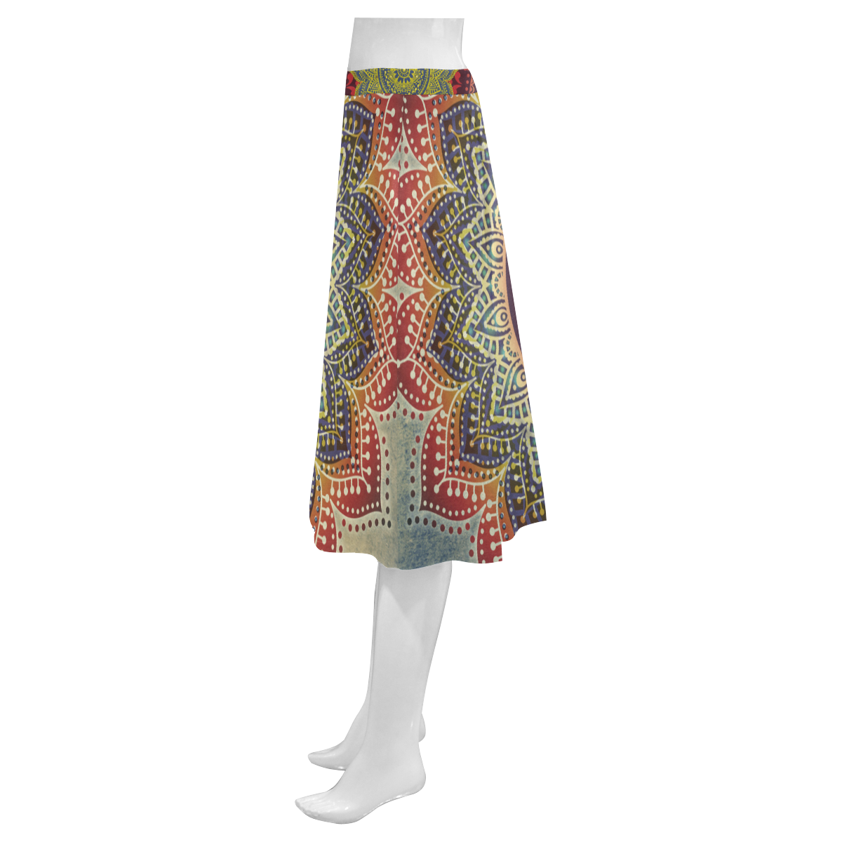 Folk Art MANDALA - dirty grunge blue red Mnemosyne Women's Crepe Skirt (Model D16)