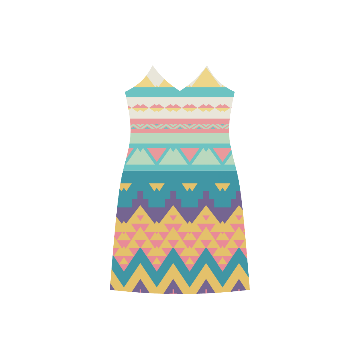 Pastel tribal design V-Neck Open Fork Long Dress(Model D18)