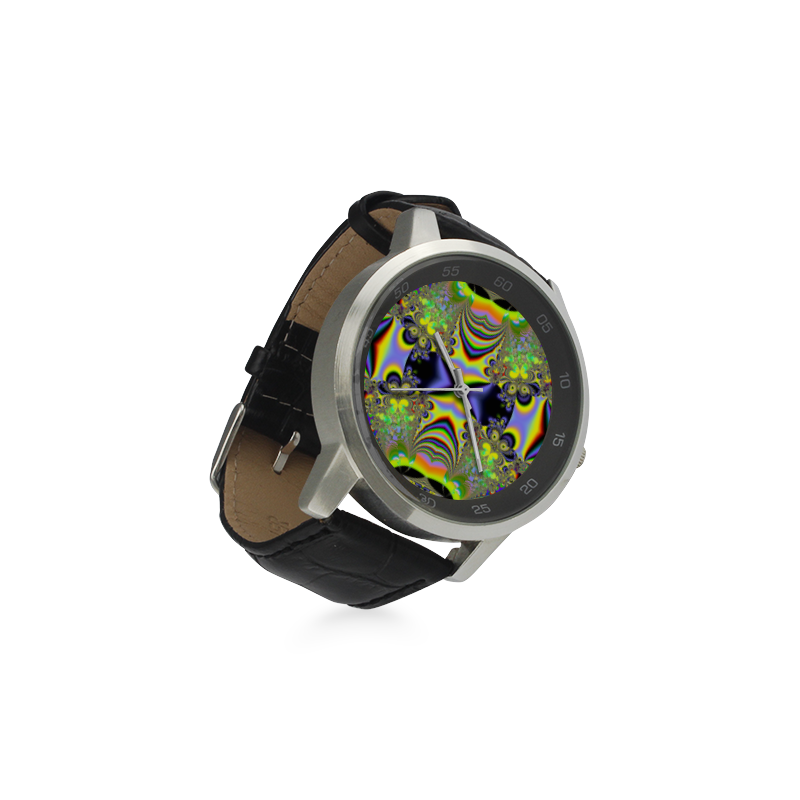 Rainbow Butterfly Bouquets Fractal Unisex Stainless Steel Leather Strap Watch(Model 202)