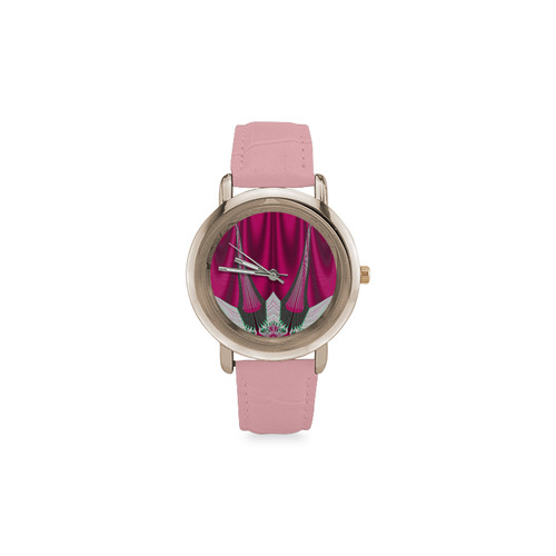 Fuchsia Pink Hibiscus Flower Fractal Women's Rose Gold Leather Strap Watch(Model 201)