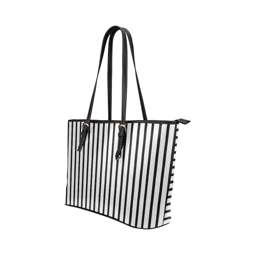 Narrow Black Flat Stripes Pattern Leather Tote Bag/Large (Model 1651)
