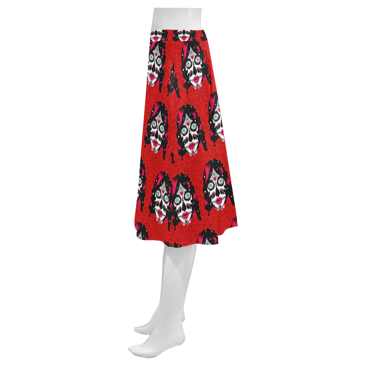 red roses sugar skull Mnemosyne Women's Crepe Skirt (Model D16)