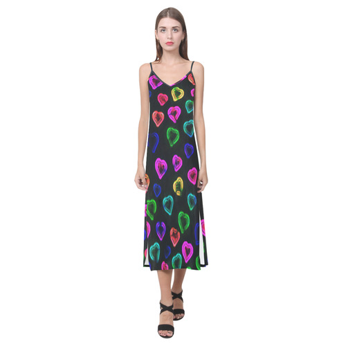 blurry neon hearts V-Neck Open Fork Long Dress(Model D18)
