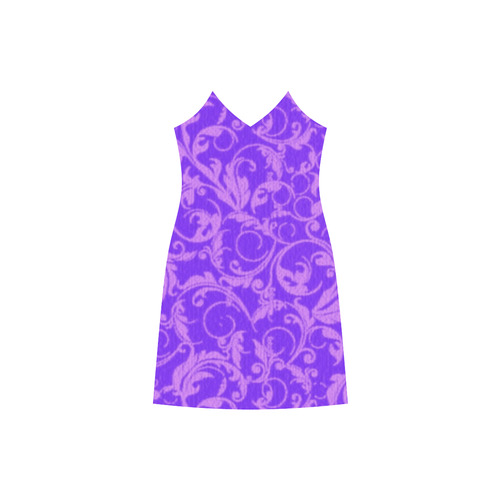 Vintage Swirls Amethyst Ultraviolet Purple V-Neck Open Fork Long Dress(Model D18)