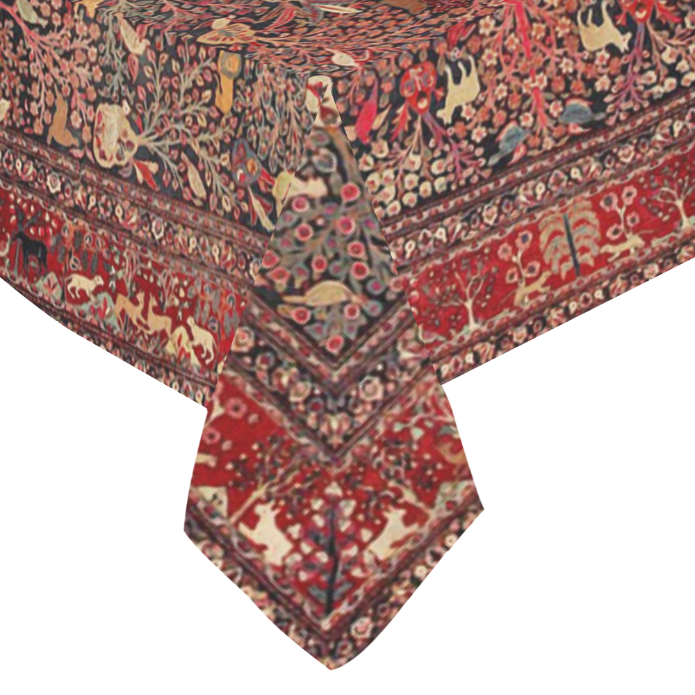 Vintage Persian Rug Nature Animals Cotton Linen Tablecloth 60"x 84"