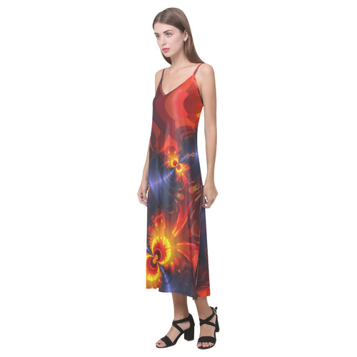 Butterfly Eyes, Abstract Violet Gold Wings V-Neck Open Fork Long Dress(Model D18)