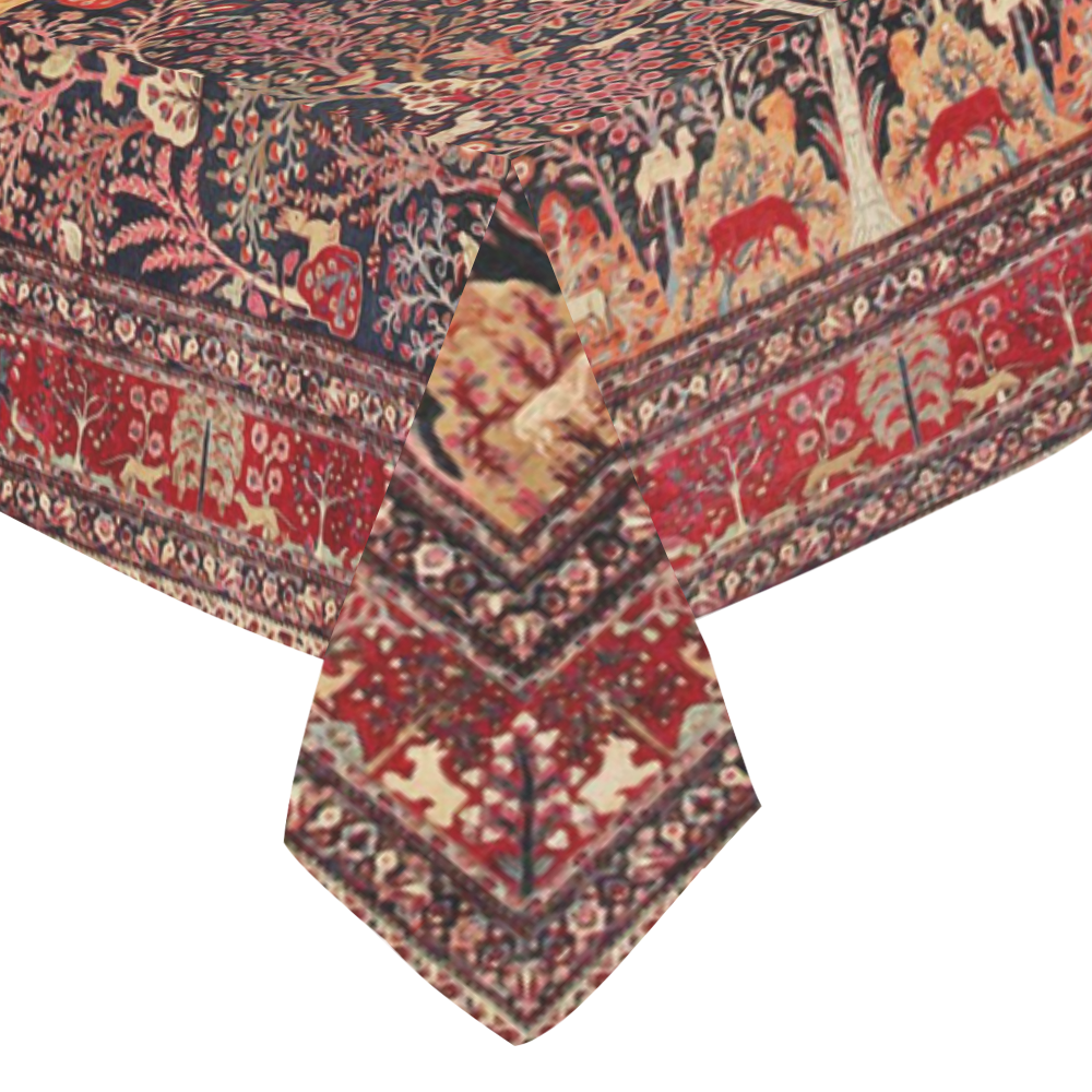 Vintage Persian Rug Nature Animals Cotton Linen Tablecloth 52"x 70"