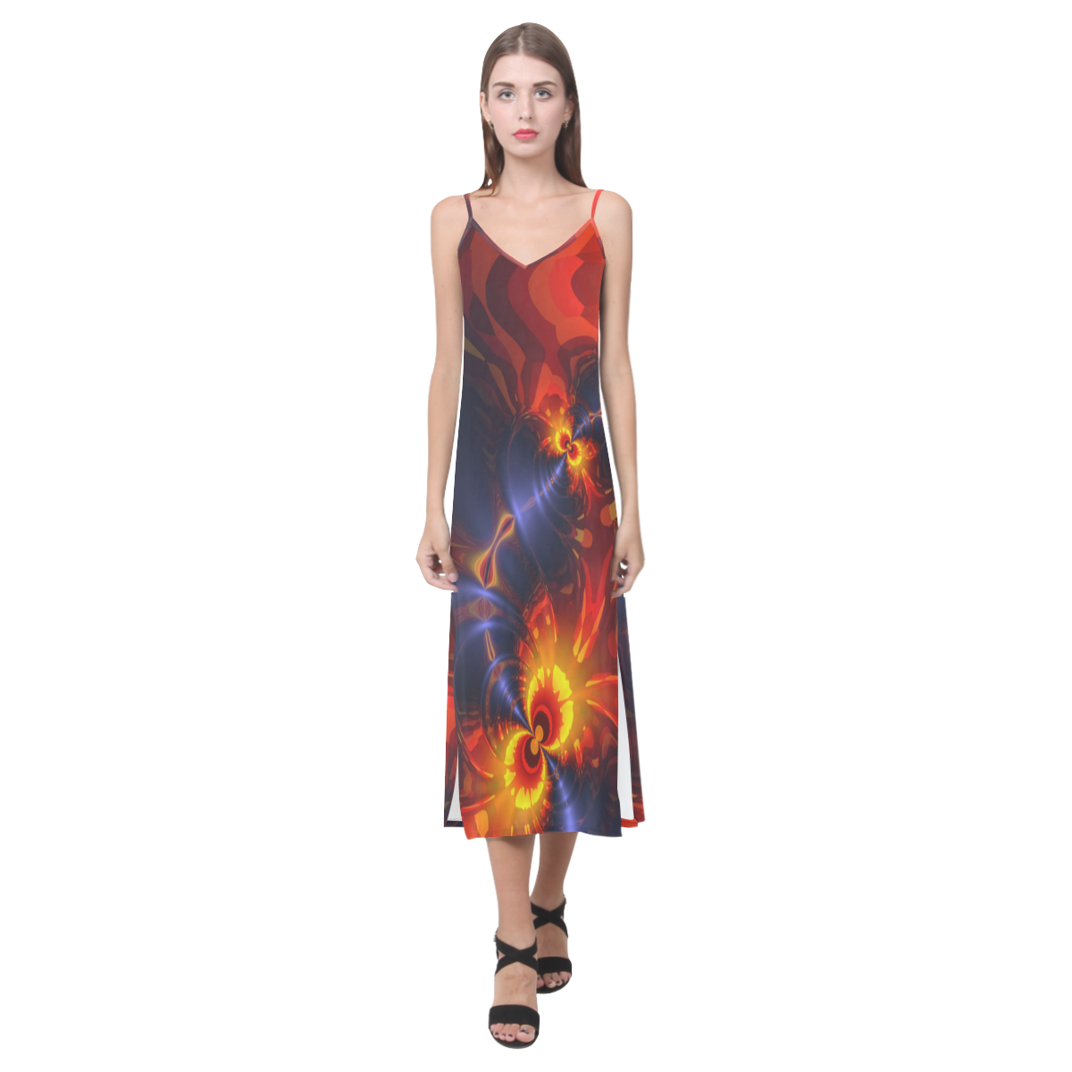 Butterfly Eyes, Abstract Violet Gold Wings V-Neck Open Fork Long Dress(Model D18)