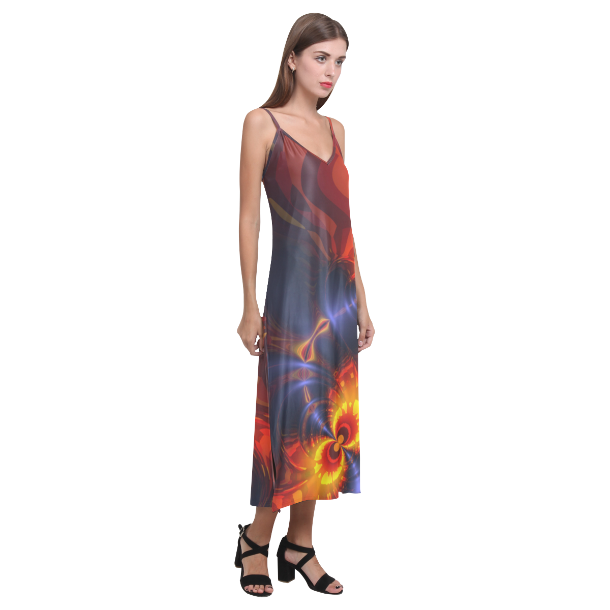 Butterfly Eyes, Abstract Violet Gold Wings V-Neck Open Fork Long Dress(Model D18)