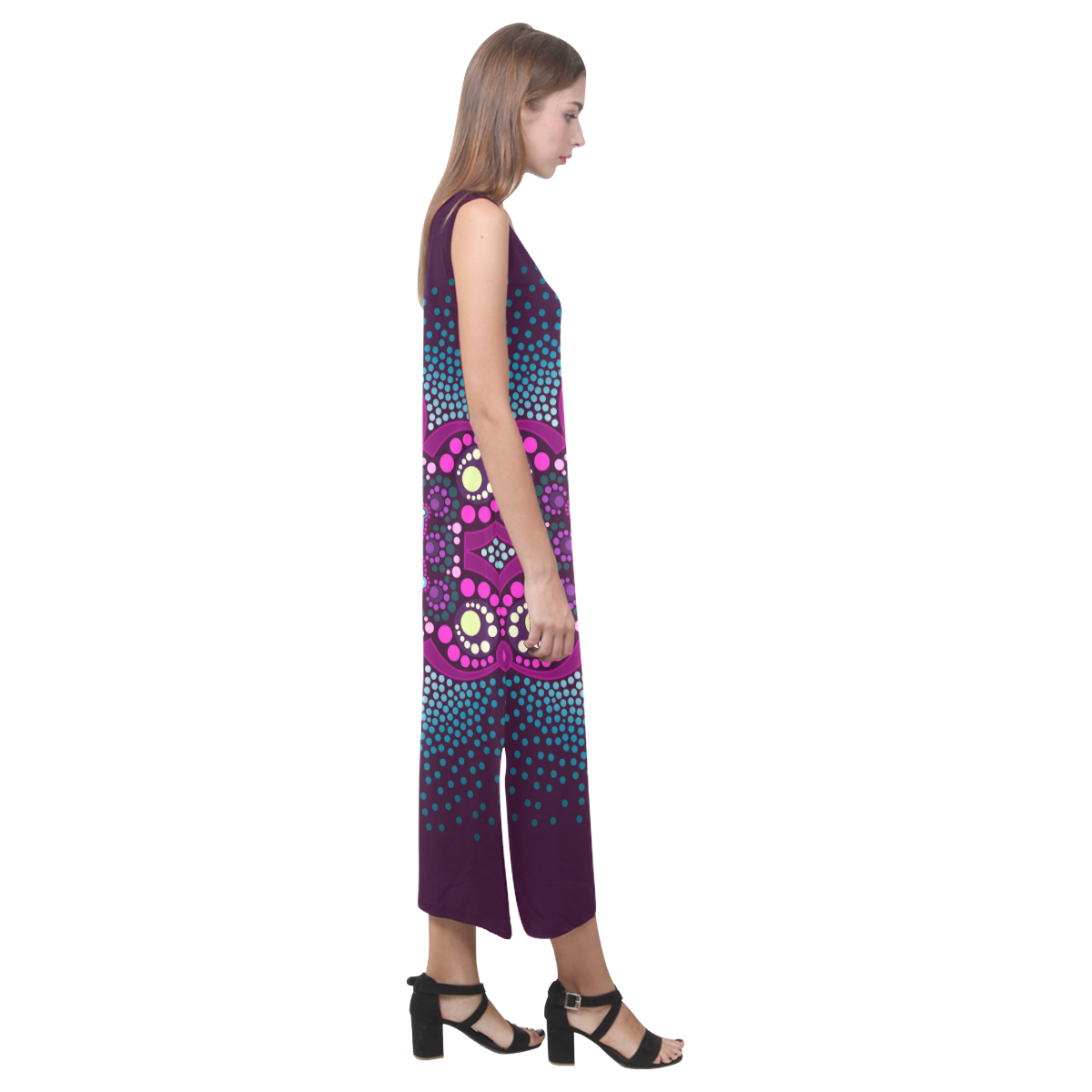 Dot painting meets mandalas 16 - 3 Phaedra Sleeveless Open Fork Long Dress (Model D08)