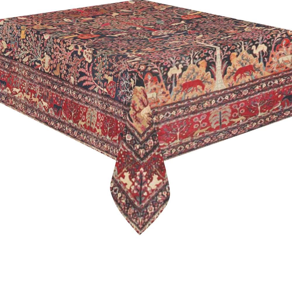Vintage Persian Rug Nature Animals Cotton Linen Tablecloth 52"x 70"