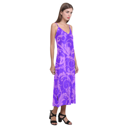 Vintage Swirls Amethyst Ultraviolet Purple V-Neck Open Fork Long Dress(Model D18)