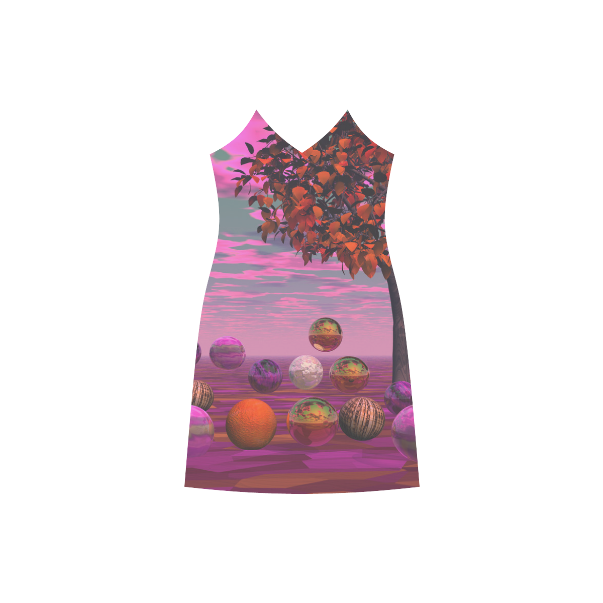 Bittersweet Opinion, Abstract Raspberry Maple Tree V-Neck Open Fork Long Dress(Model D18)