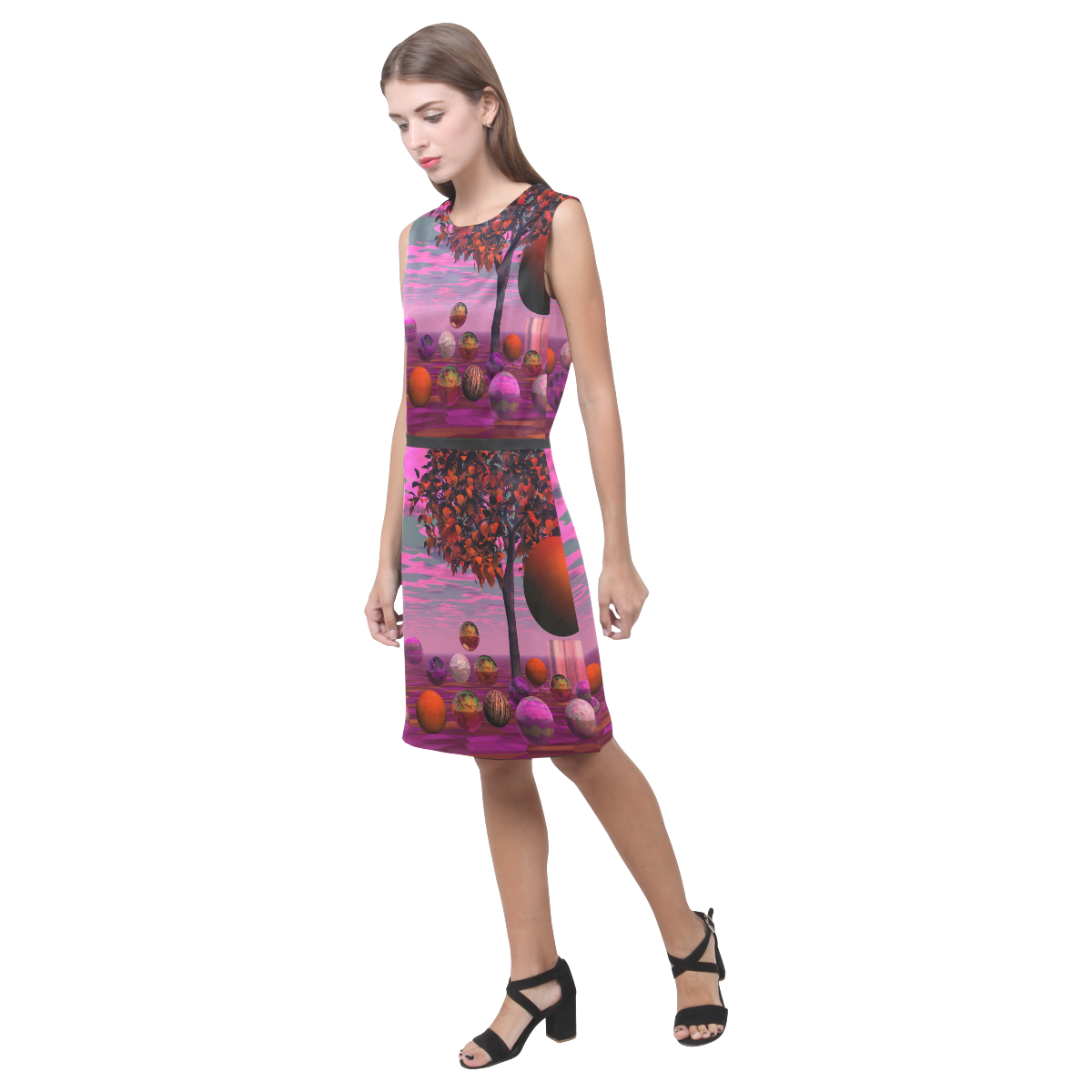 Bittersweet Opinion, Abstract Raspberry Maple Tree Eos Women's Sleeveless Dress (Model D01)