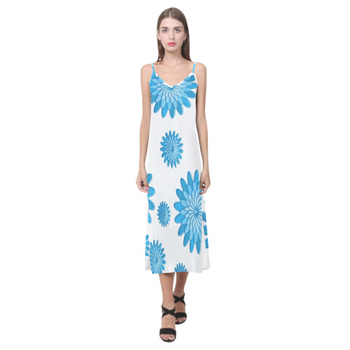 blue flowers V-Neck Open Fork Long Dress(Model D18)