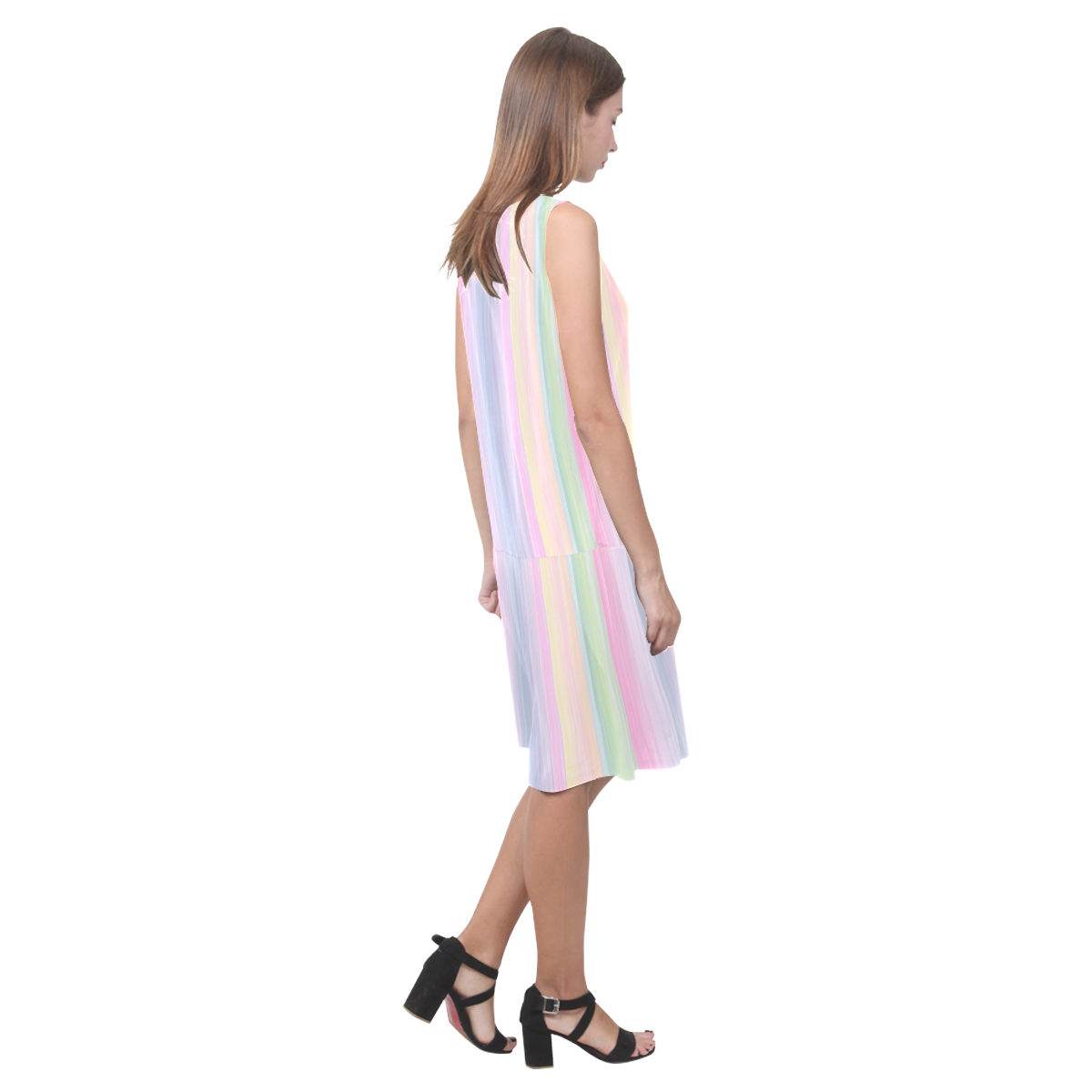 Pastel Stripes Verticle 2 Sleeveless Splicing Shift Dress(Model D17)