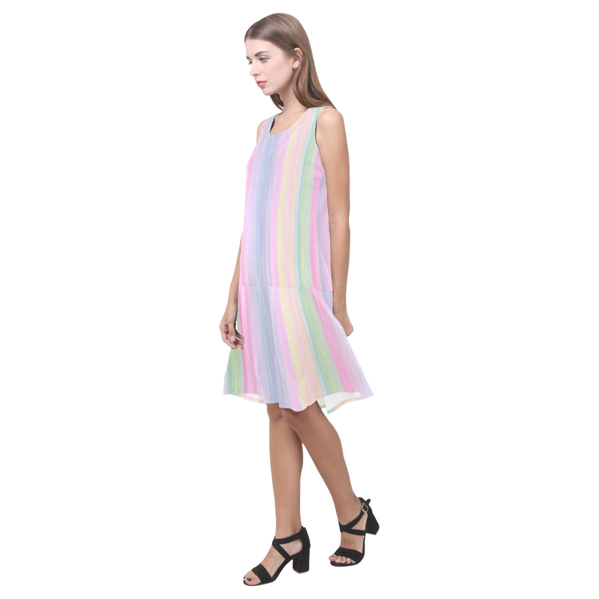 Pastel Stripes Verticle 2 Sleeveless Splicing Shift Dress(Model D17)