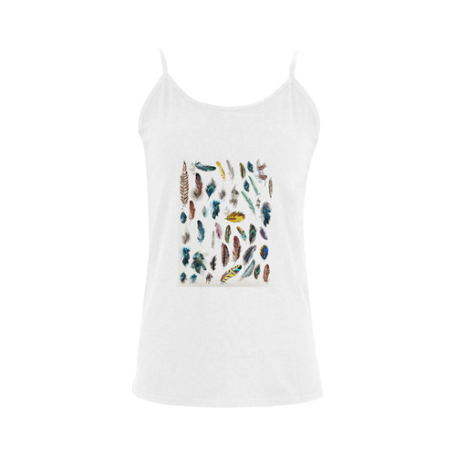Designers feathers T-Shirt : Original white Edition with hand-drawn Feathers Women's Spaghetti Top (USA Size) (Model T34)