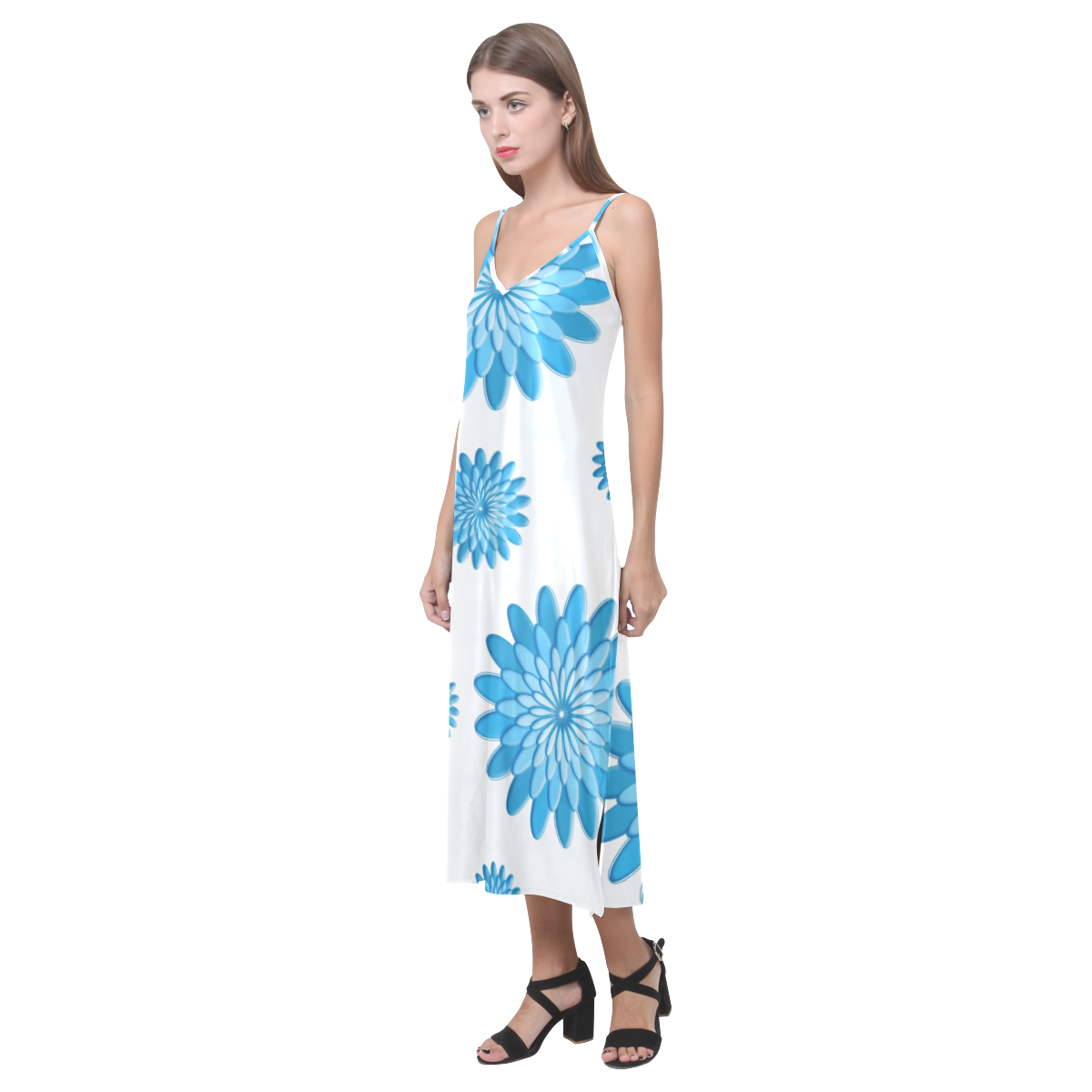 blue flowers V-Neck Open Fork Long Dress(Model D18)