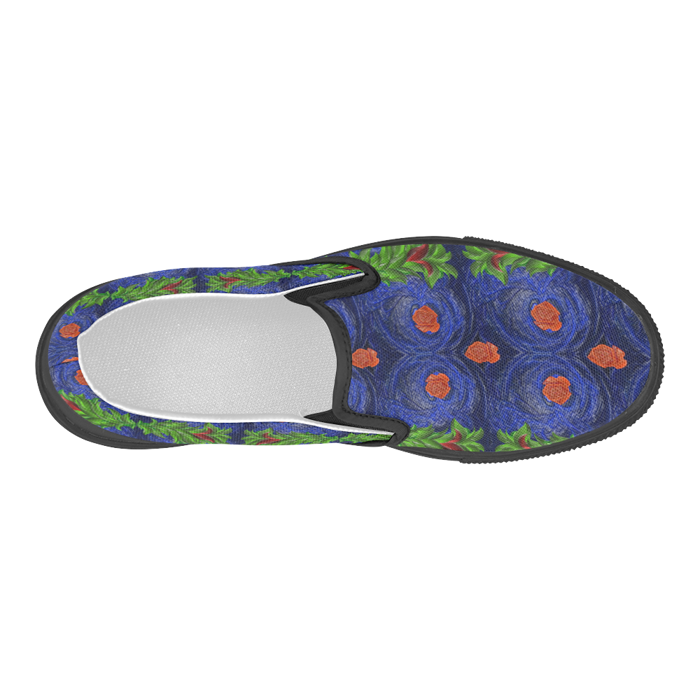Roses on blue fractal with green leaves Women's Slip-on Canvas Shoes (Model 019)