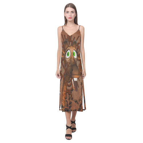 Sweet, happy giraffe V-Neck Open Fork Long Dress(Model D18)