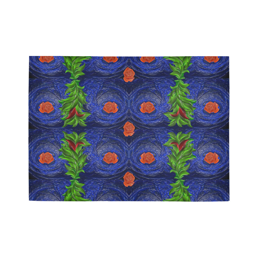 Roses on blue fractal with green leaves Area Rug7'x5'