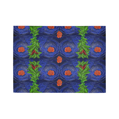Roses on blue fractal with green leaves Area Rug7'x5'