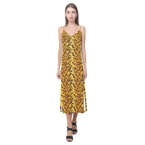 Tiger V-Neck Open Fork Long Dress(Model D18)