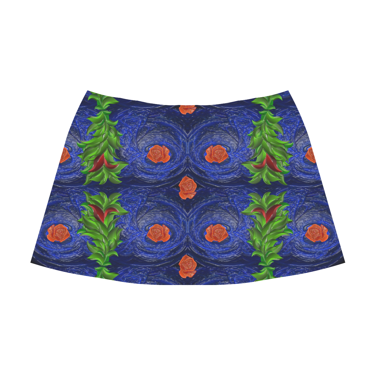 Roses on blue fractal with green leaves Mnemosyne Women's Crepe Skirt (Model D16)