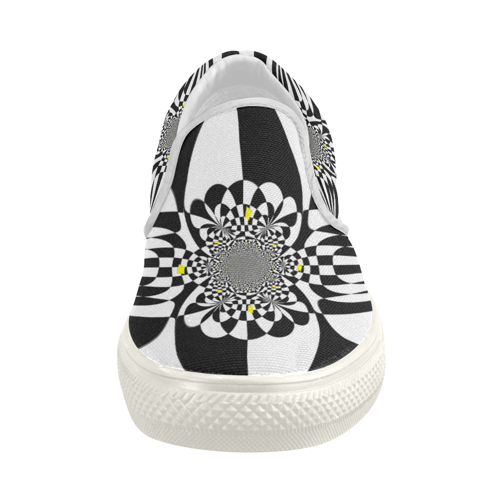 Black and White Check Flower Women's Slip-on Canvas Shoes (Model 019)