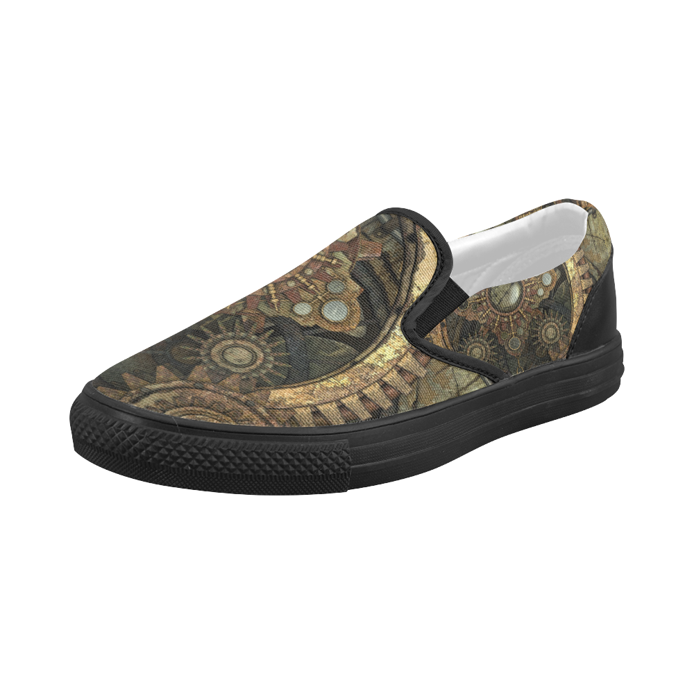 Rusty vintage steampunk metal gears and pipes Women's Slip-on Canvas Shoes (Model 019)