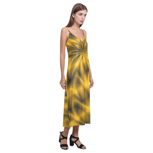 Golden Shiny Swirl V-Neck Open Fork Long Dress(Model D18)