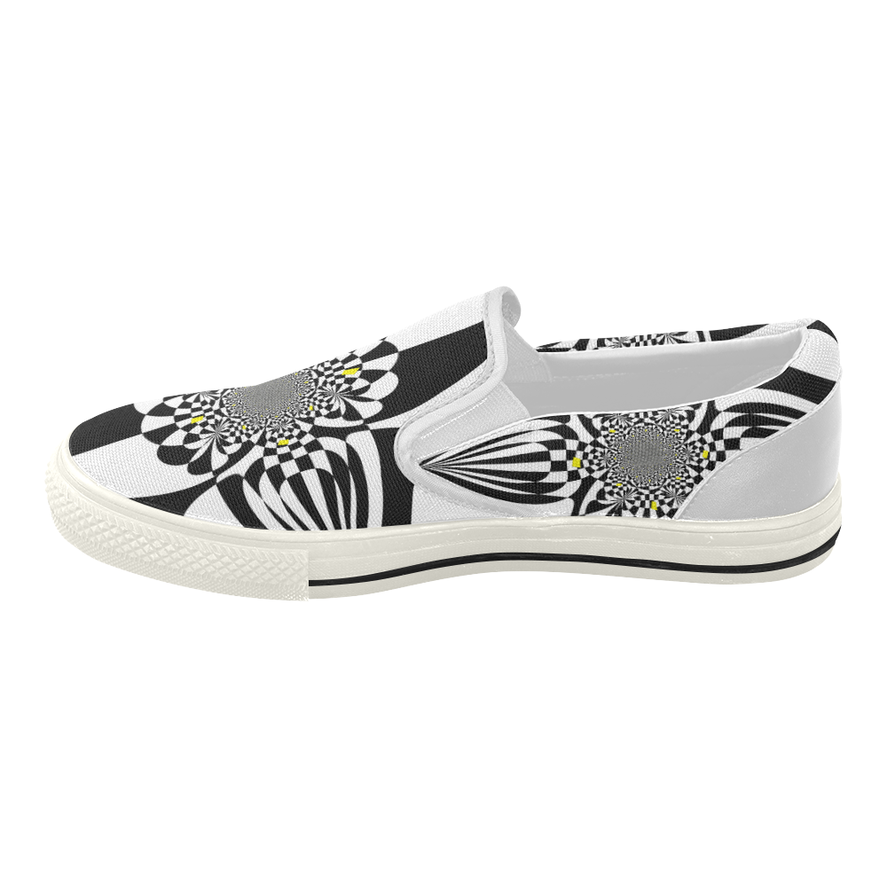 Black and White Check Flower Women's Slip-on Canvas Shoes (Model 019)