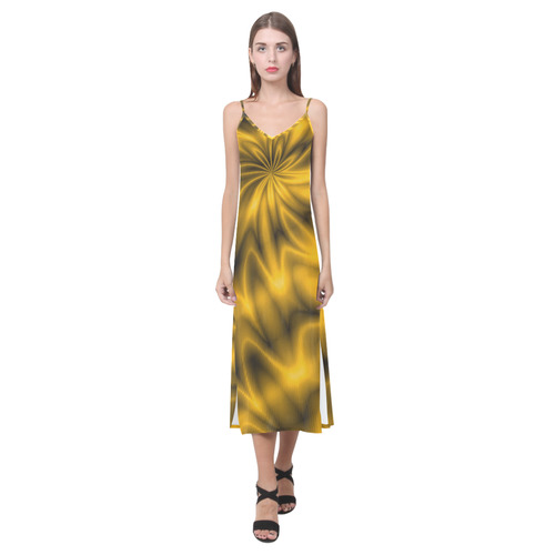 Golden Shiny Swirl V-Neck Open Fork Long Dress(Model D18)