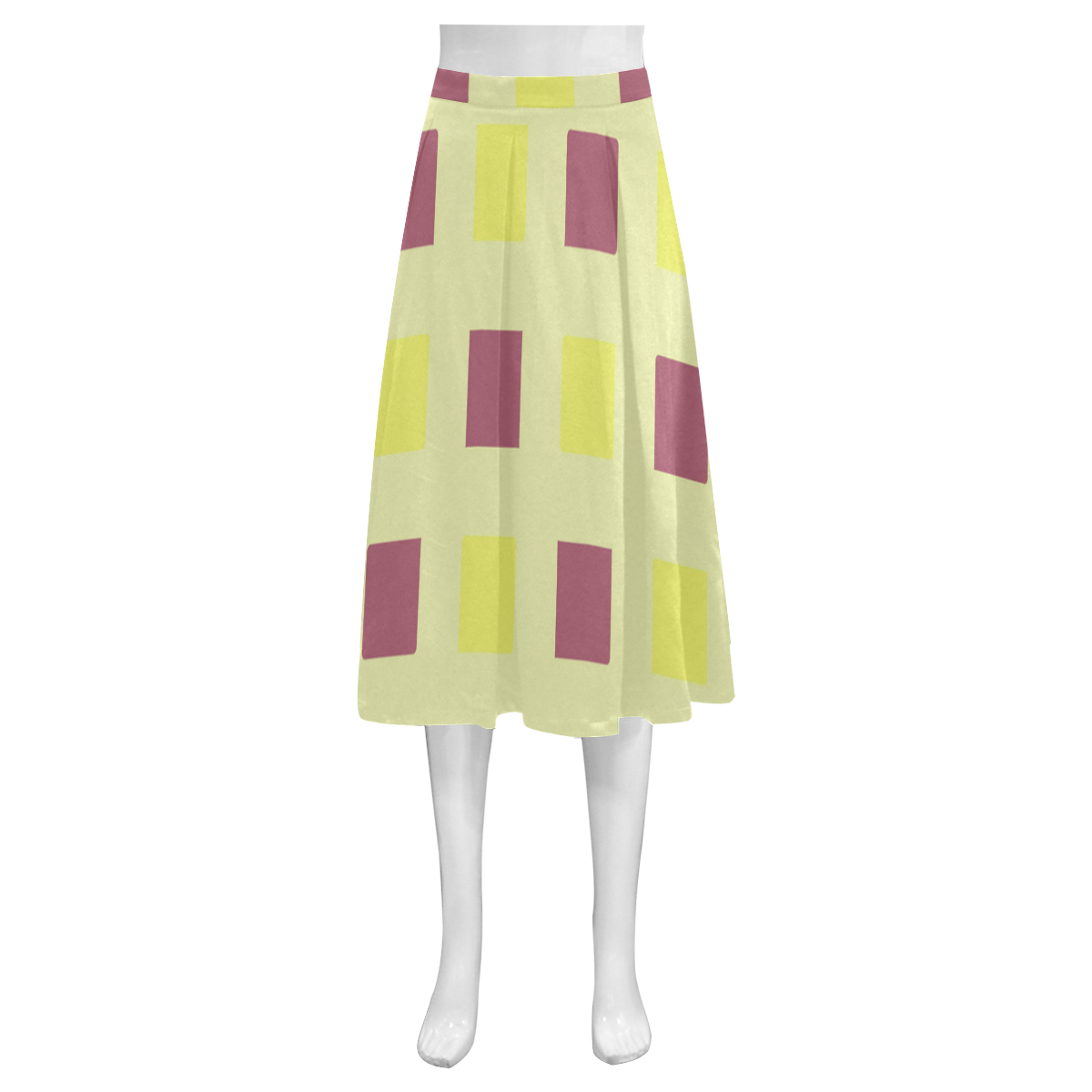 yellow and burgundy squares Mnemosyne Women's Crepe Skirt (Model D16)