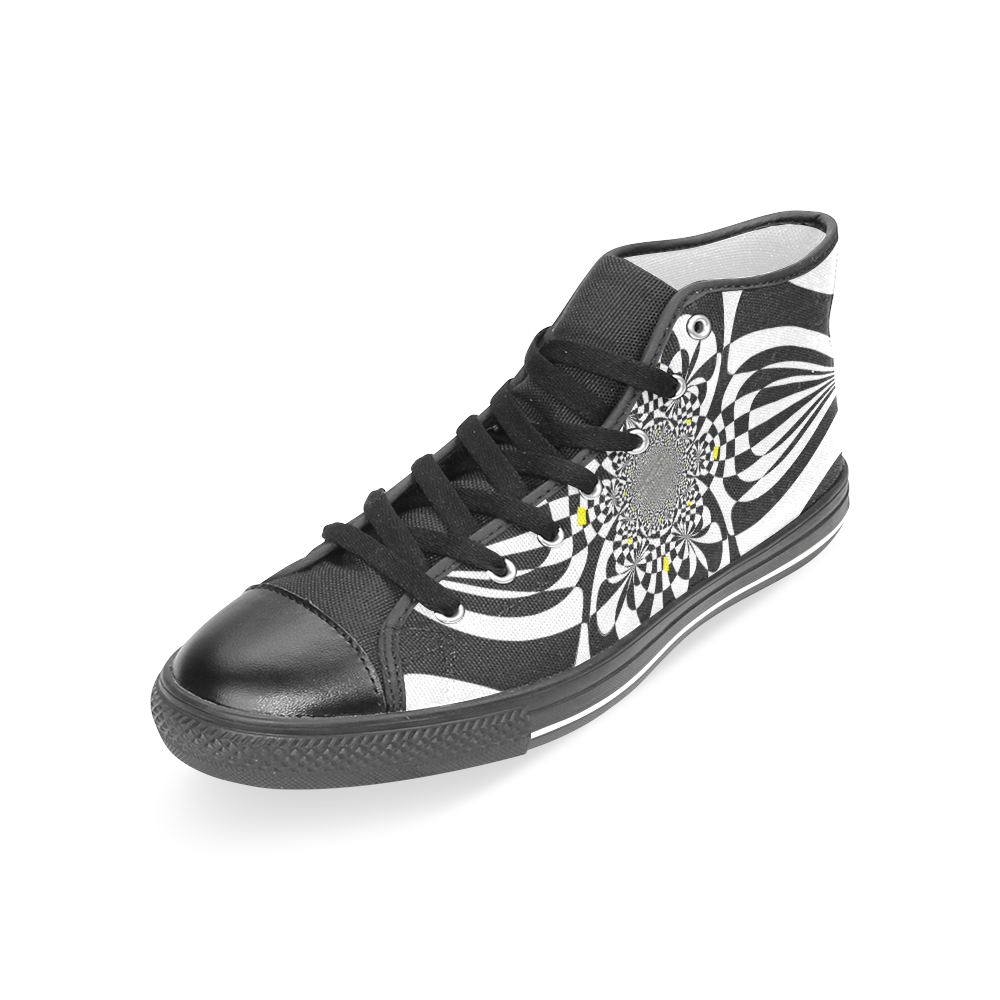 Black and White Check Flower Women's Classic High Top Canvas Shoes (Model 017)