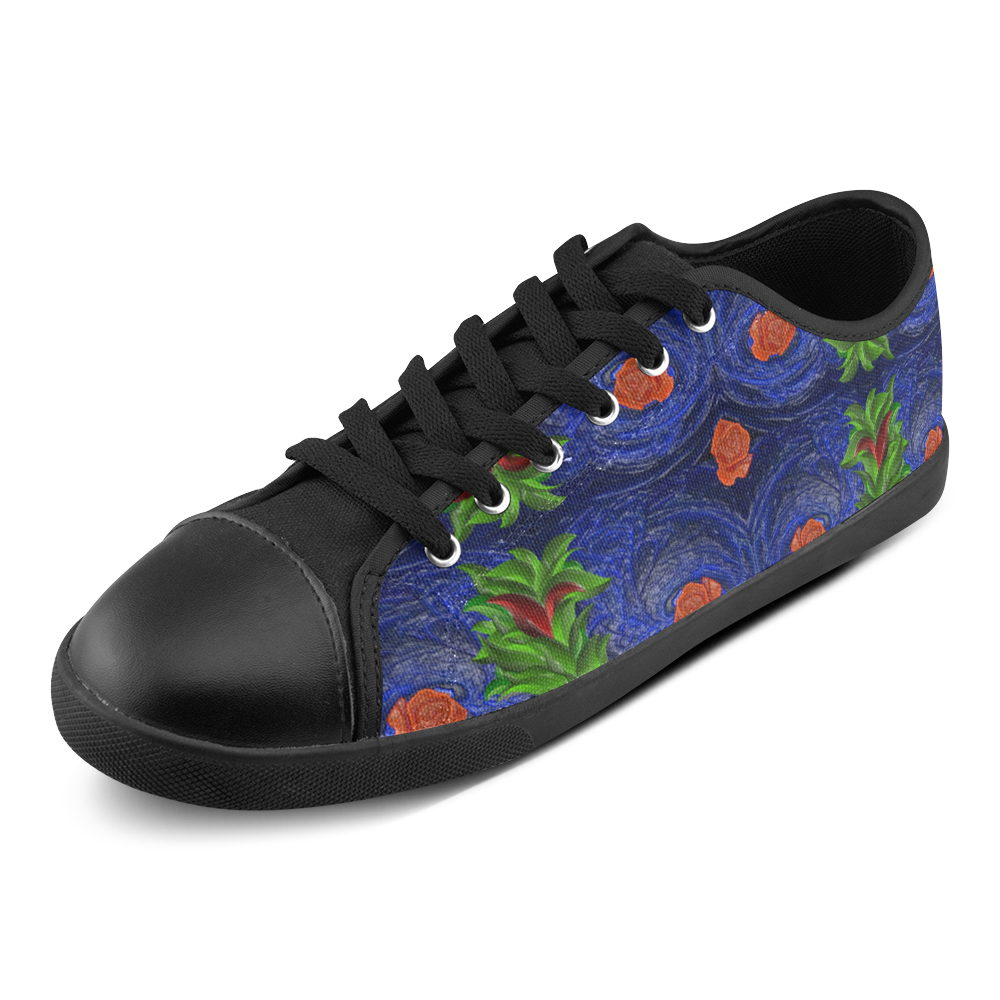 Roses on blue fractal with green leaves Canvas Shoes for Women/Large Size (Model 016)