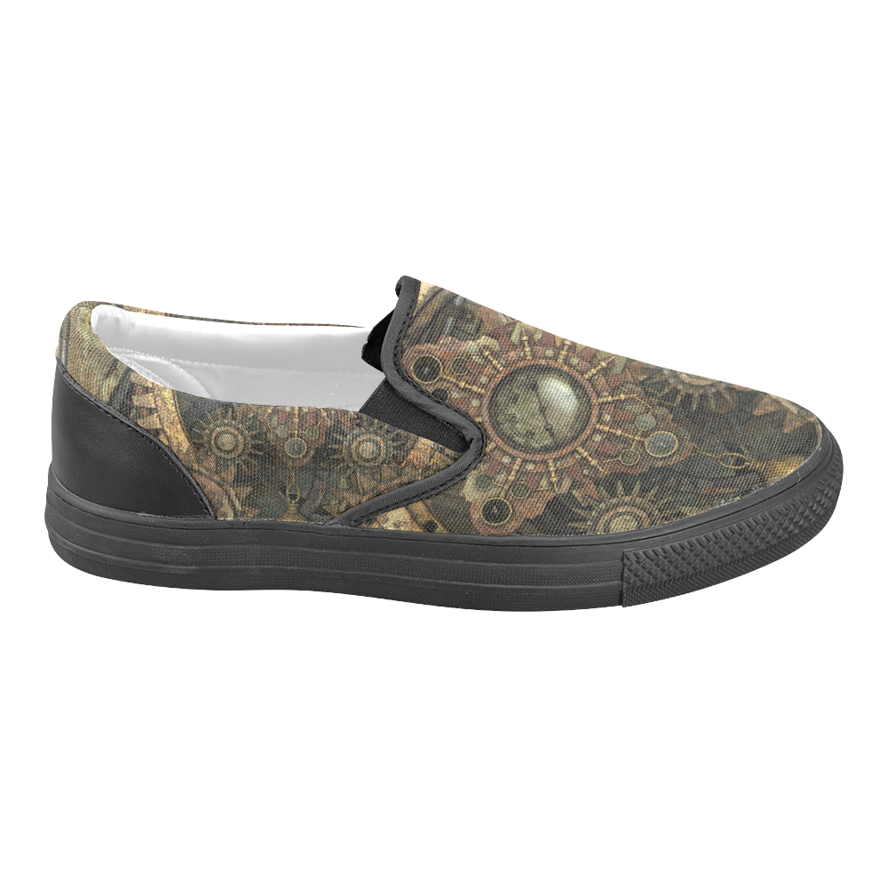 Rusty vintage steampunk metal gears and pipes Women's Unusual Slip-on Canvas Shoes (Model 019)