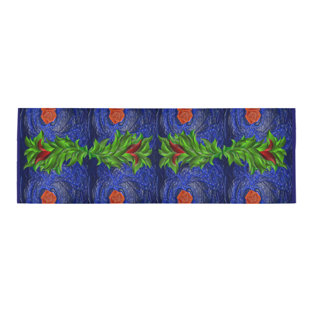 Roses on blue fractal with green leaves Area Rug 9'6''x3'3''